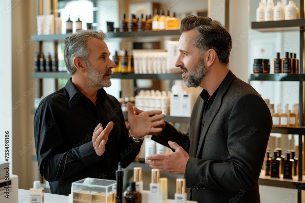 Older man conversing about skincare products in a shop. A salesperson discussing skincare products with a male customer.