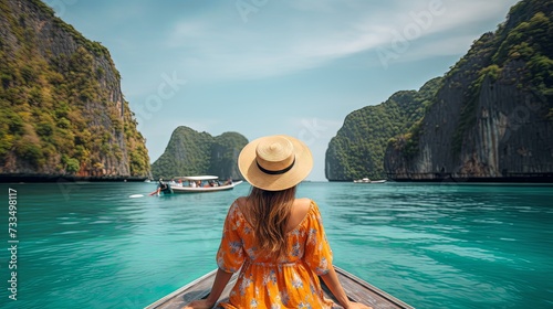 Happy traveler woman in summer dress joy fun relaxing on boat © chanidapa