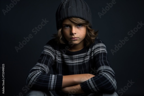 Portrait of a teenage boy in a warm sweater and hat. Studio shot.