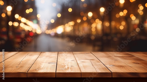image of wooden table in front of abstract blurred background of resturant lights photo
