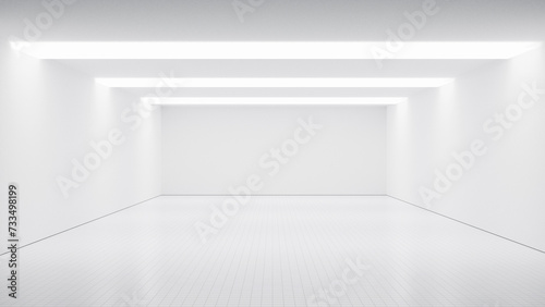 Bright white large room with white walls and white blank tile floor illuminated with spotlights, illuminated hall room indoor interior design white background with spotlights empty room minimalism