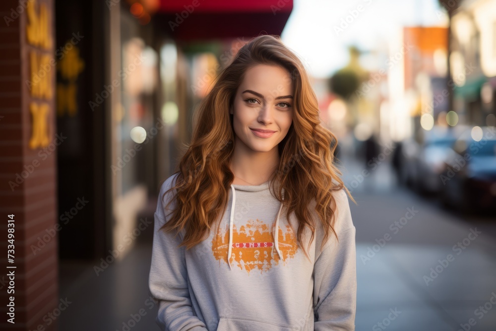 Portrait of a beautiful young woman in a city street at sunset