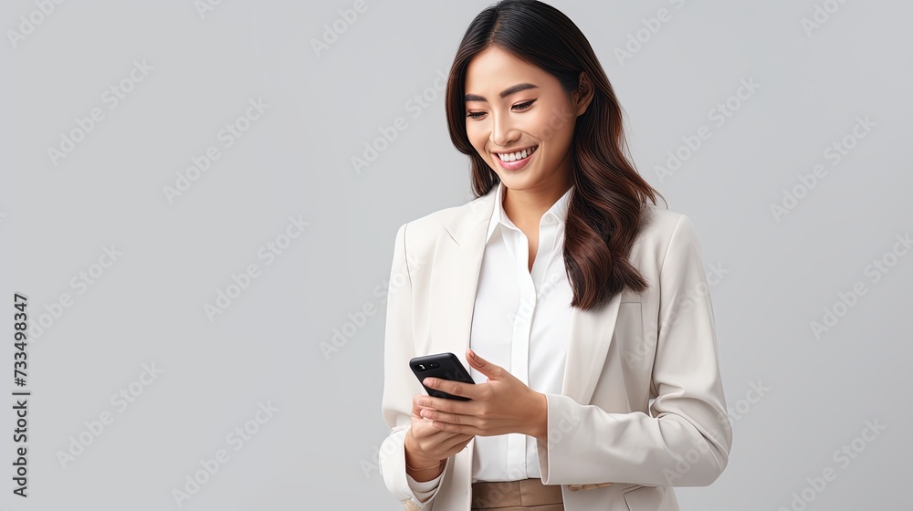 Portrait of a happy asian businesswoman using mobile phone isolated over white background Portrait of a happy asian businesswoman using mobile phone isolated over white background