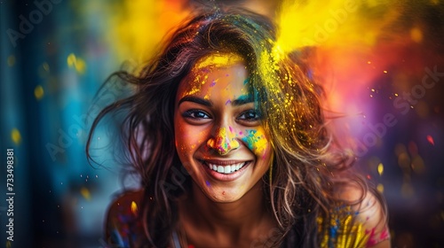 Portrait of happy Indian woman celebrating Holi with powder colours or gulal. Concept of Indian festival Hol