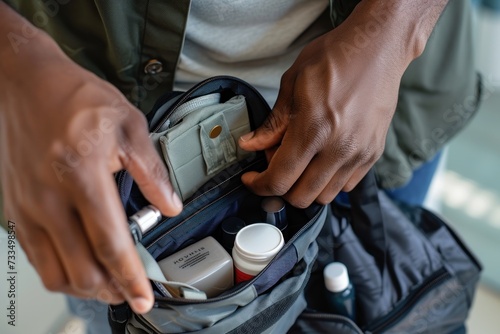 Man packing a travel-sized skincare kit with various products. a man packing a travel-sized skin care kit, maintaining a skin care routine even on the go photo