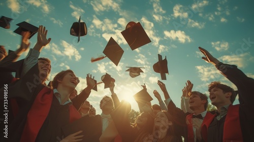 young graduates toss their caps into the sky, in the style of tonalist genius, quadratura --ar 16:9 --style raw --stylize 250 --v 6 Job ID: 57ddb396-6c68-4eba-965a-745dc795406c photo