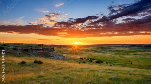 Sunset on the horizon over a vast landscape, grasslands national park