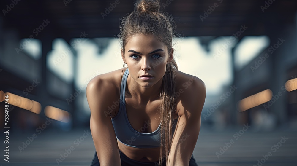 Young sportswoman stretching and preparing to run. Young sportswoman stretching and preparing to run.