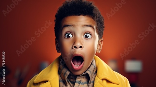 Wow. Studio shot of emotional adorable African American little boy raising eyebrows and covering open mouth with hand being surprised and shocked, showing true astonished reaction on unexpected news