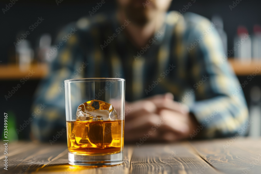 An alcoholic sits at a table with a glass of alcohol, the concept of alcoholism and problems. Background An alcoholic sits at a table with a glass of alcohol, the concept of alcoholism and problems. Background