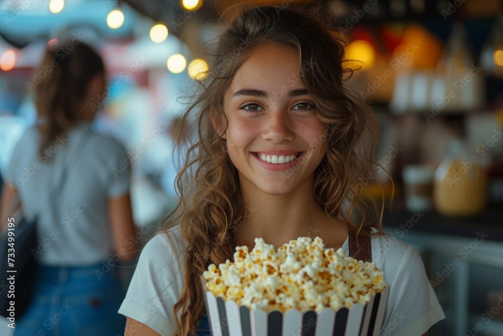 A woman sells popcorn. Background with selective focus and copy space A woman sells popcorn. Background with selective focus and copy space