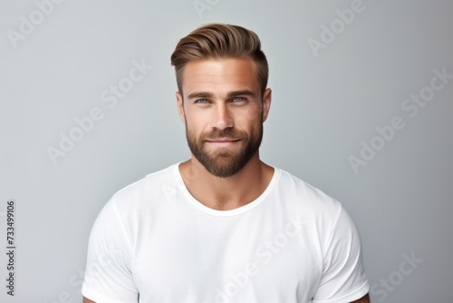 Handsome young man in white t-shirt on grey background