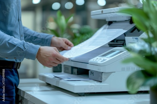 Office printer. Background with selective focus and copy space