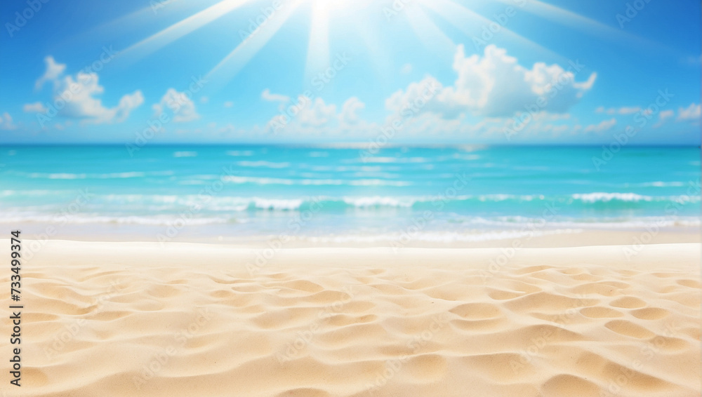 Nature of tropical summer beach with rays of sunlight. Light sand beach, ocean water sparkles against blue sky