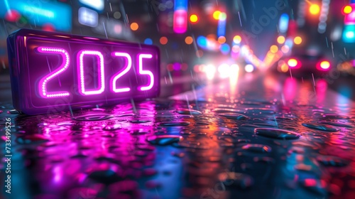 Neon 2025 Sign on Rainy City Street at Dusk
