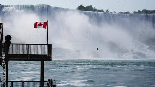 Majestic Niagara Falls with Canadian Flag and Silhouette of Person