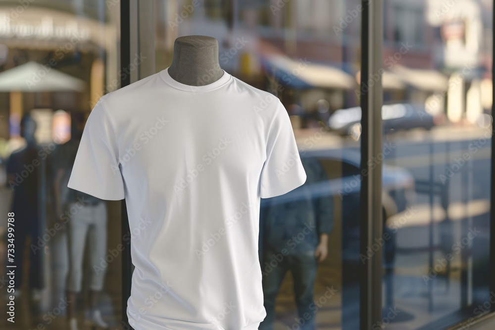 white men's front tshirt print on demand mockup on mannequin in a storefront - Generative ai