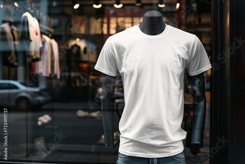 white men's front tshirt print on demand mockup on mannequin in a storefront - Generative ai photo