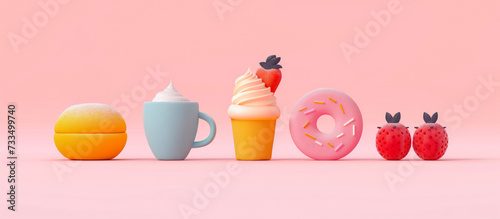 Cute Pop art style 3d of pink donut, ice cream strawberry, chocolate whip on a pink backdrop 