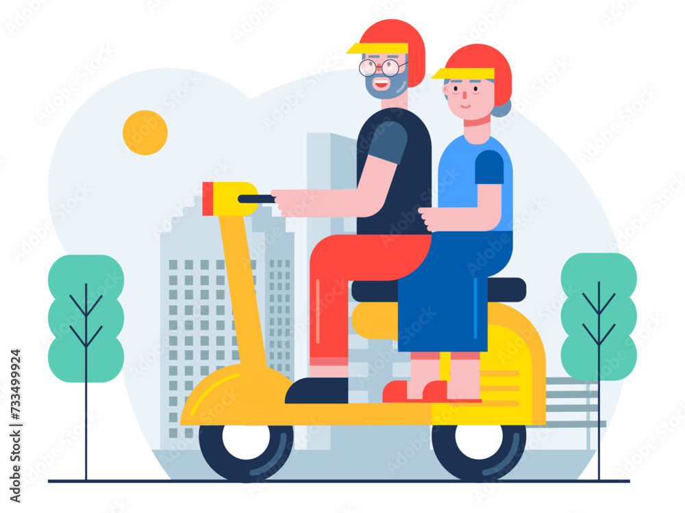 Elder couple is riding a motorbike. Senior citizen vector illustration.