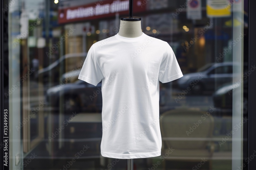 white men's front tshirt print on demand mockup on mannequin in a storefront - Generative ai