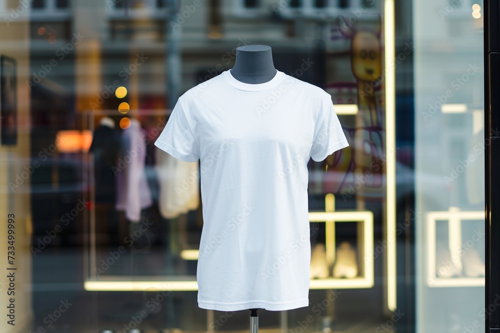 white men's front tshirt print on demand mockup on mannequin in a storefront - Generative ai white men's front tshirt print on demand mockup on mannequin in a storefront - Generative ai