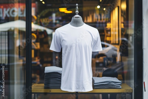 white men's front tshirt print on demand mockup on mannequin in a storefront - Generative ai