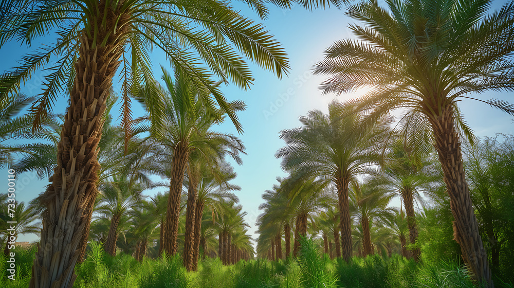 Date palm oasis during the day. The lush greenery Palm tree farm against a clear sky Date palm oasis during the day. The lush greenery Palm tree farm against a clear sky