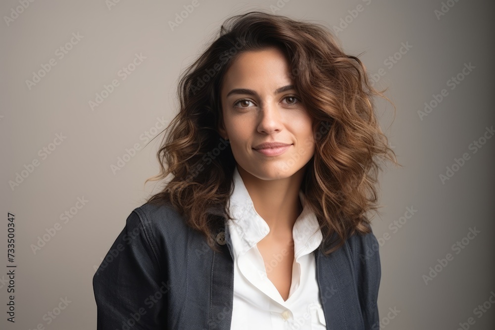 Portrait of a beautiful young businesswoman with curly hair on gray background Portrait of a beautiful young businesswoman with curly hair on gray background