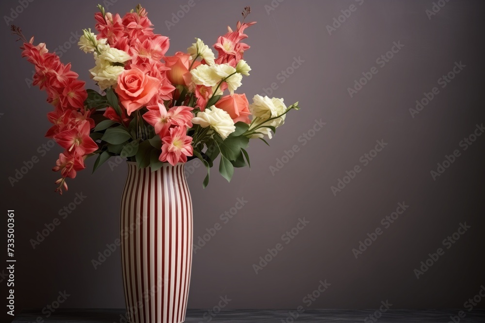 Fototapeta premium Greeting card or invitation background with a bouquet of flowers in a stripped vase