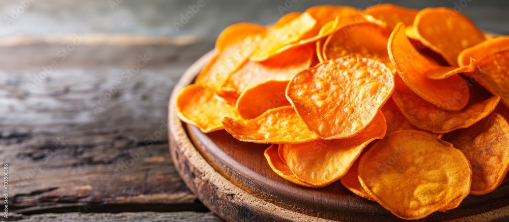 Savory Sweet Potato Chips on a Rustic Wooden Plate Savory Sweet Potato Chips on a Rustic Wooden Plate