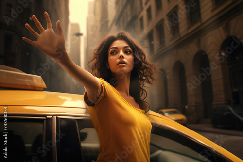 A young woman raised her hand forward to stop a taxi.