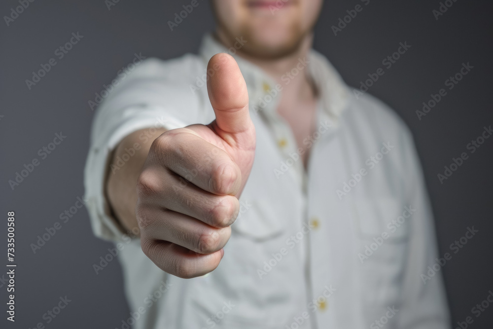 Thumbs up gesture, male approval. Backdrop with selective focus and copy space Thumbs up gesture, male approval. Backdrop with selective focus and copy space
