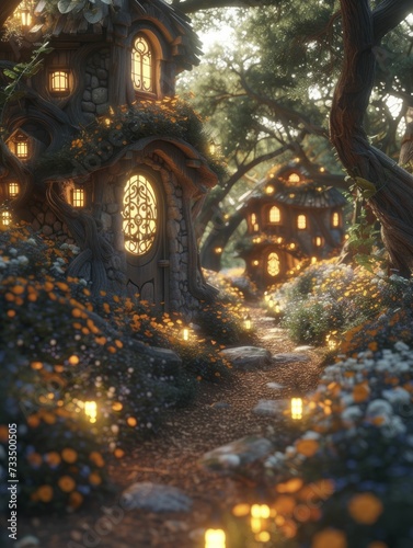 Enchanted Fairy Tale Forest Scene, Magical Lighting and Mystical Creatures Amidst Ancient Trees © Kanisorn