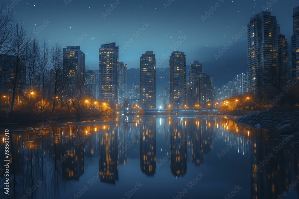 Cityscape After Dark, Glowing Skylines and High-Rises Reflecting on Water