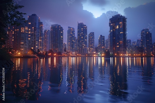 Nighttime Cityscape Photography, Glowing Lights and Skyscrapers Reflecting in Water
