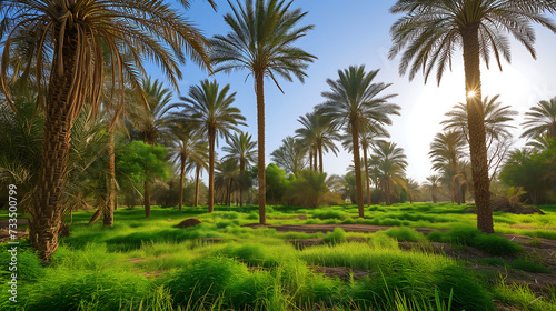 Date palm oasis during the day. The lush greenery Palm tree farm against a clear sky