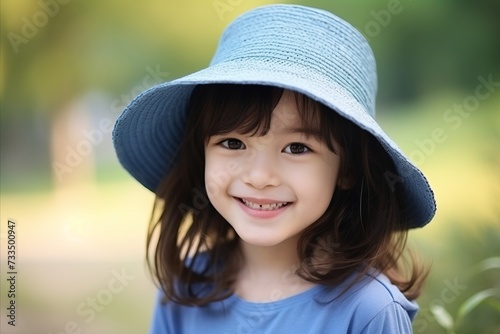 Portrait of a cute little girl in a blue hat outdoors.
