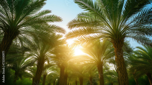 Date palm oasis during the day. The lush greenery Palm tree farm against a clear sky