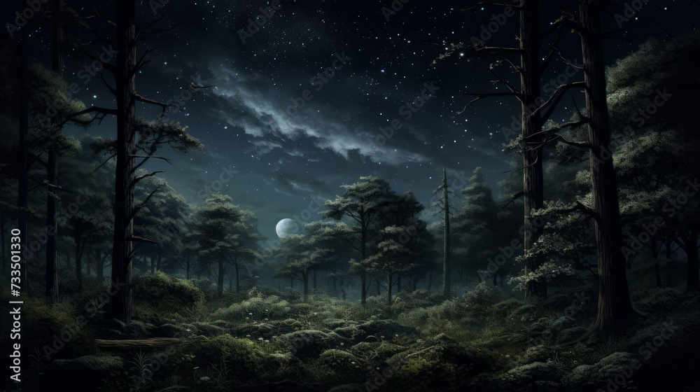 dark mysterious forest panorama, fantasy landscape. Neural network AI generated art dark mysterious forest panorama, fantasy landscape. Neural network AI generated art