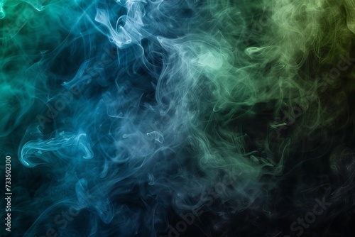 Abstract concept of a cloud of green and blue smoke swirling together on a black background Creating a mysterious and spooky atmosphere suitable for horror or fantasy themes