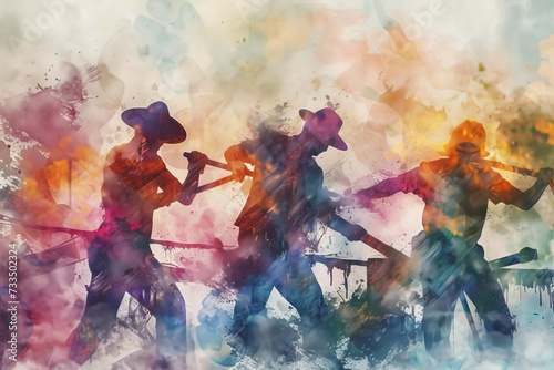Artistic representation of workmen in watercolor style Capturing the essence of teamwork and skill in a colorful and dynamic composition.