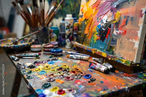 Artist's studio scene capturing the vibrant creativity of painting With a focus on the artist's palette Colorful paint tubes And a canvas filled with bright Expressive strokes