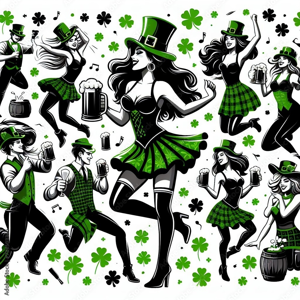 Happy St. Patrick's Day Beer festival holiday vector illustrations, pattern, dancing people for poster, vector illustration created with generative ai	