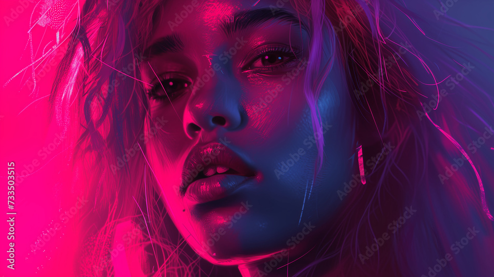 A young woman with luscious lips and flowing hair, bathed in vibrant neon hues of red and purple A young woman with luscious lips and flowing hair, bathed in vibrant neon hues of red and purple