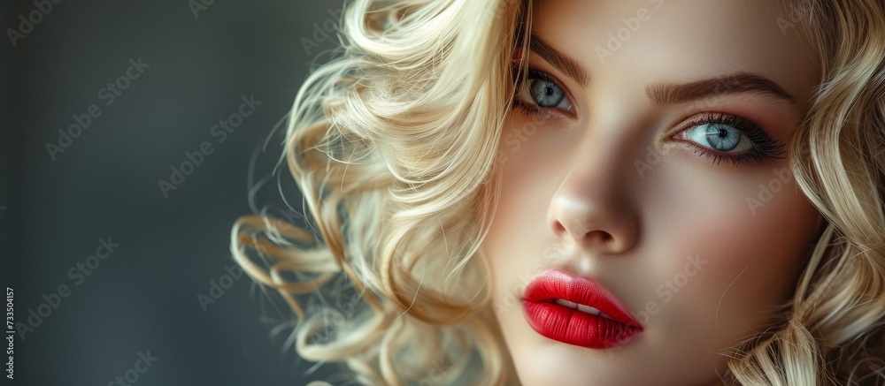 A close-up of a woman's face showcasing her curly hair, red lips, and ...