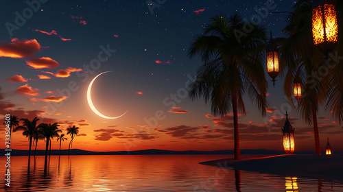 Ramadhan background featuring crescent moon shining over a desert oasis with palm trees and lantern