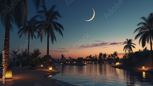 Ramadhan background featuring crescent moon shining over a desert oasis with palm trees and lantern