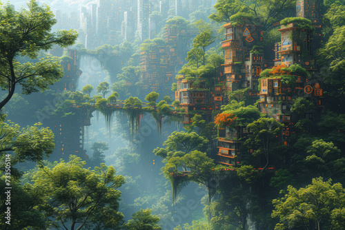 The intricate dance of technology in a cityscape, surrounded by the raw beauty of a pristine forest, illustrating the integration of innovation and nature. Generative Ai