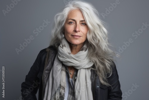 Portrait of a beautiful senior woman with grey hair wearing a leather jacket and scarf.